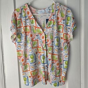 Cynthia Rowley Lime & Orange Print Linen Blend Short Sleeve Top M